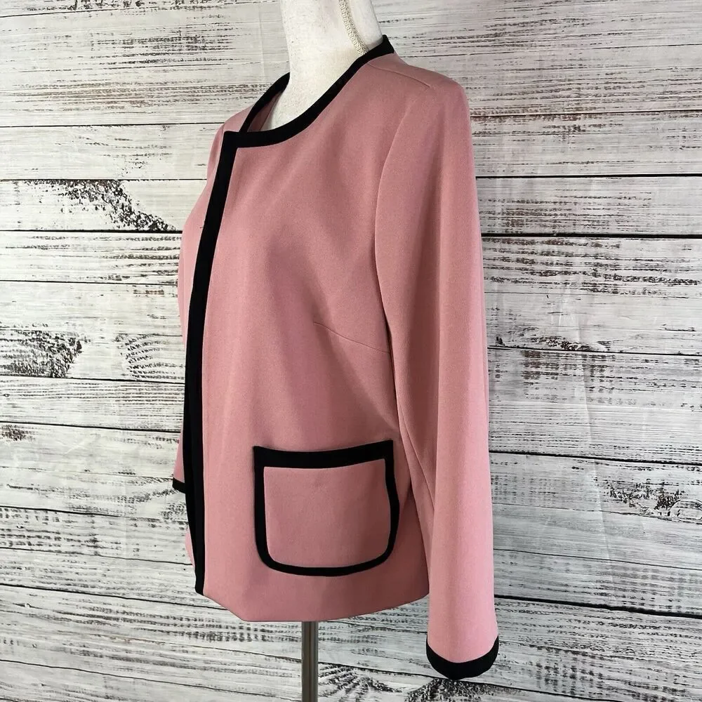 Nine West Blazer Jacket Mauve Pink Black Open Front Career Professional Church